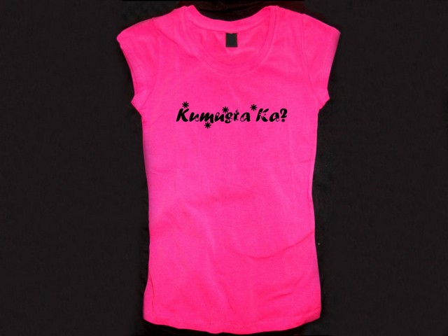 Kumusta ka -Tagalog pinay silk printed woman body fit pink t-shirt